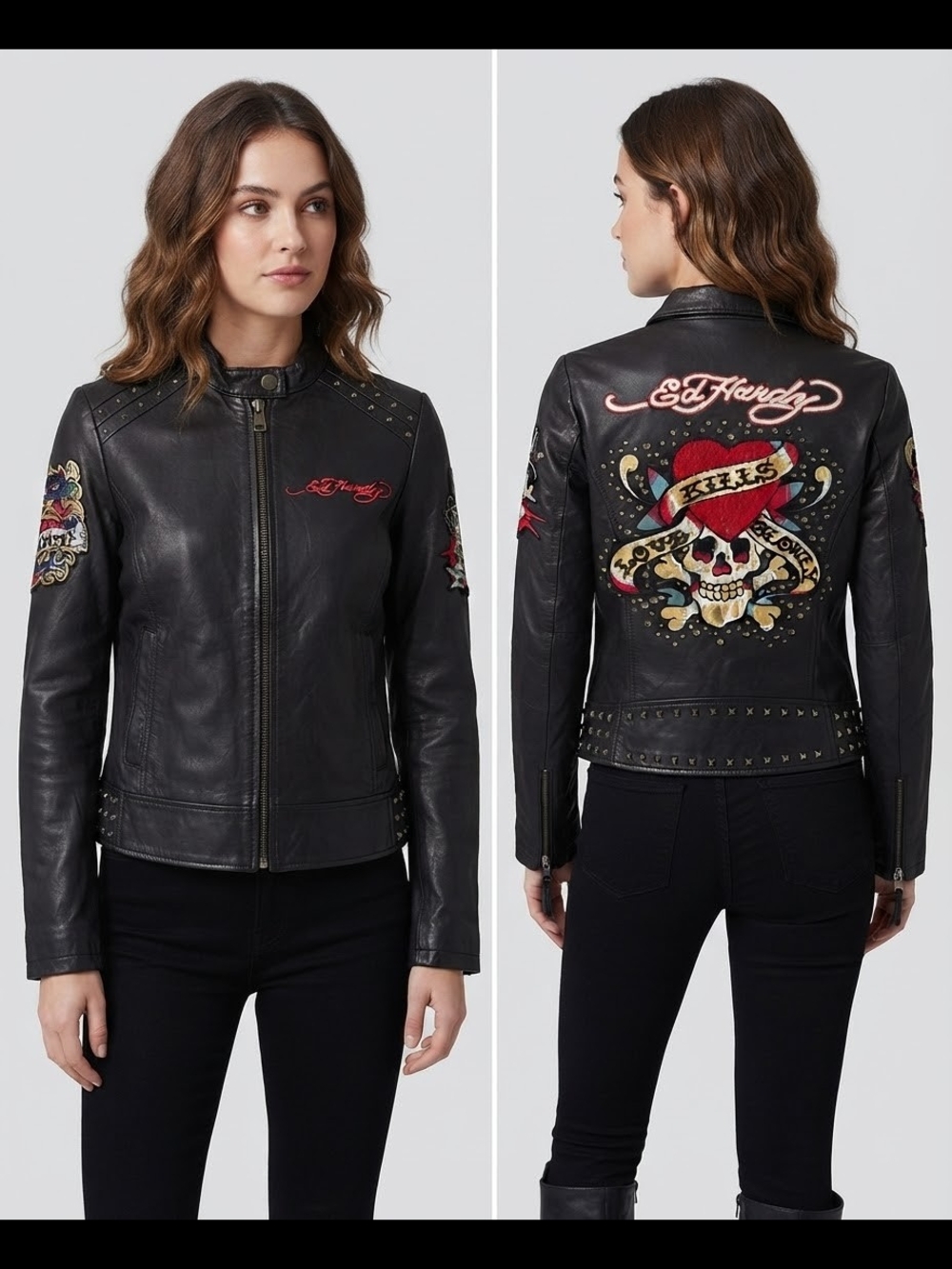 Ed Hardy Embroidered Leather Biker Jacket